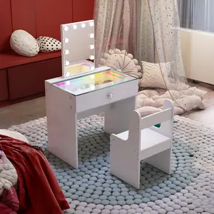VANITII 1 Drawer Makeup Vanities Vanity Desk With RGB LED Light Strip Makeup Table Bluetooth Speaker Mirror Cute