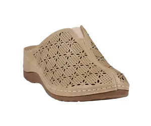 Women's Vale Biege Flat Mule with Intricate Floral Laser-Cut Patterns & Contoured Silhouette for Everyday Comfort and Style