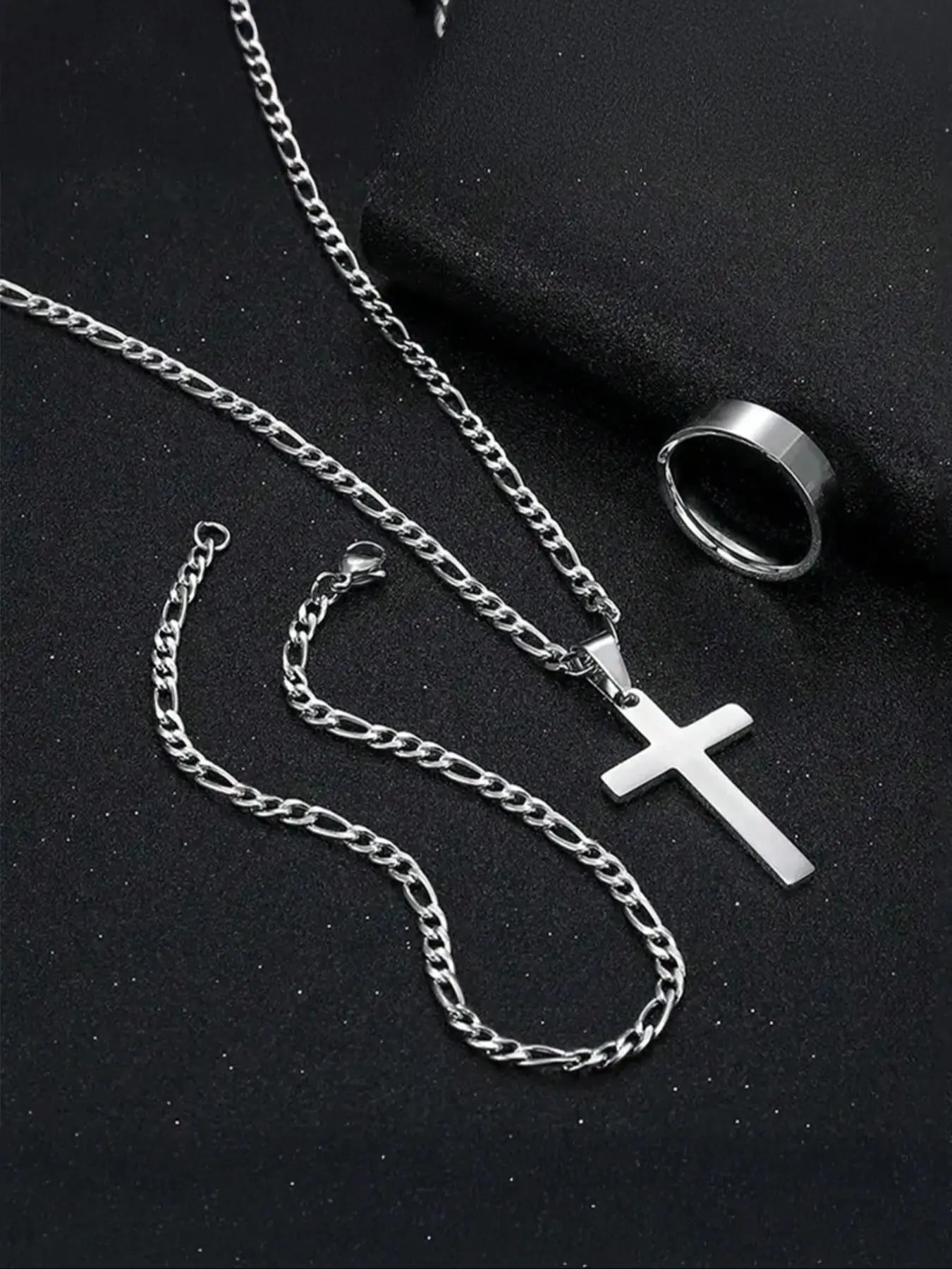 Men's Stainless Steel Jewelry Set, Fashion Cross Pendant Necklace & Ring & Chain Bracelet, Casual Jewelry Set for Party, Daily Decor, Trendy All-match & Exquisite Jewelry for Birthday Gift, Jewellery Gift Set