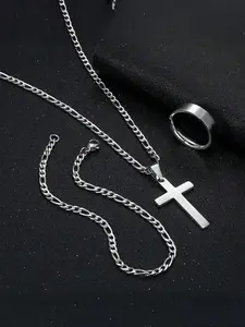 Men's Stainless Steel Jewelry Set, Fashion Cross Pendant Necklace & Ring & Chain Bracelet, Casual Jewelry Set for Party, Daily Decor, Trendy All-match & Exquisite Jewelry for Birthday Gift