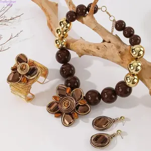 Handmade Floral 3‑Piece Jewelry Set for Women, Round Resin Acrylic & Faux Crystal Necklace Earrings Bracelet Combo, Elegant Dainty Versatile Accessories for Daily Wear, Party Occasions and Casual Outfits