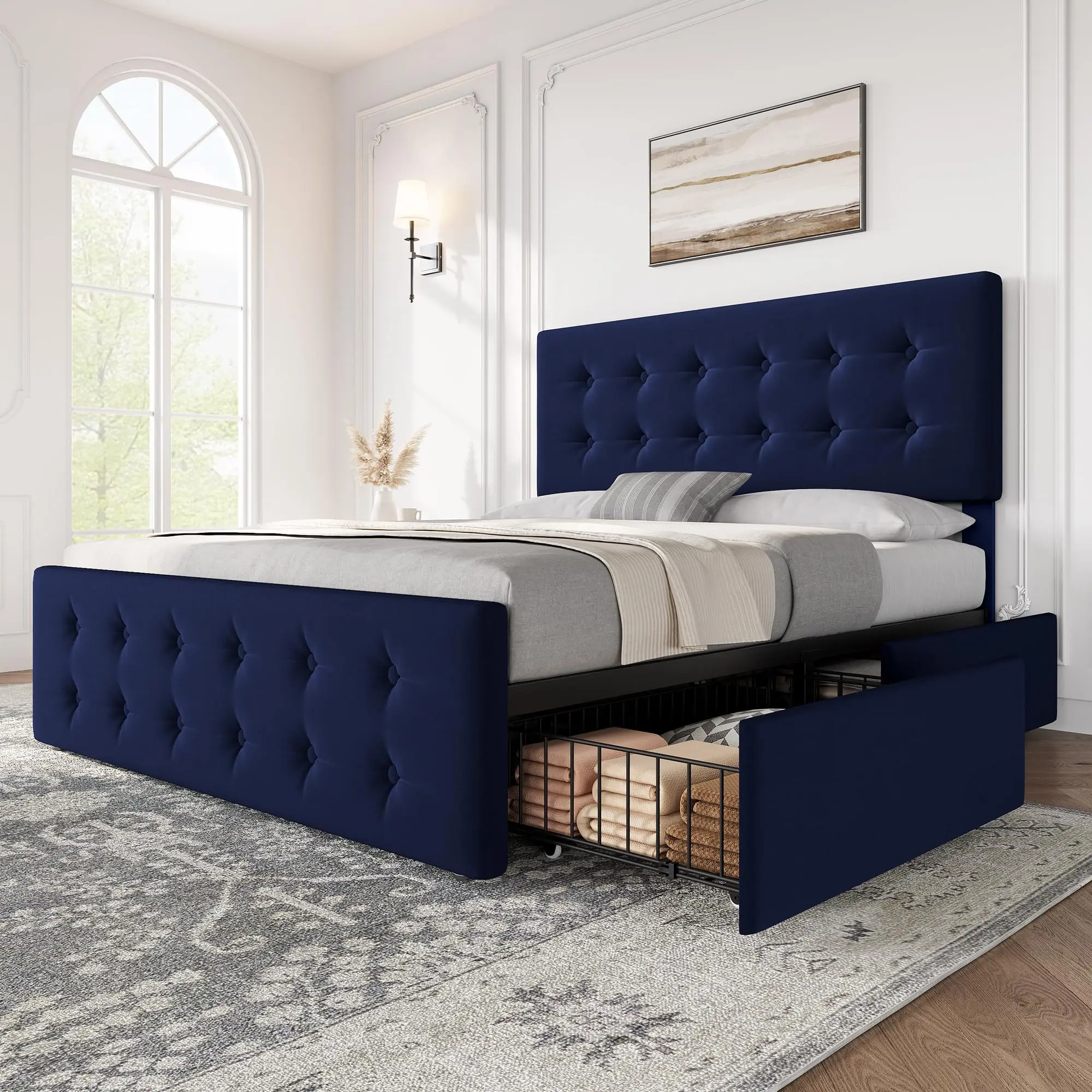 Garvee Upholstered Full Size Bed Frame - Navy Blue, Velvet Button Tufted Headboard & Footboard, 4 Storage Drawers, Wooden Slats Support, Silent Mesh Design, Durable Platform Storage Bedframe, No Box Spring Needed