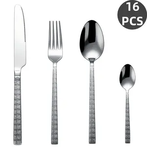 16Pcs Geometric Embossed Handle Stainless Steel Cutlery Set, Mirror Polished Flatware Silverware with Knife Fork Spoon Dessert Spoon, Rustproof Dishwasher Safe Tableware for Home Kitchen, Family Meals & Holiday Gifts
