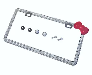 Dazzling Addiction 3D Bling License Plate Frame Big Chunky Creamy White Pearls Candy Red Bow Made in USA Handmade 1 Row Holder Screw Caps Personalizable Customizable Customized Bedazzled Sparkly Shimmering Gift for Girls Women 2 Holes Crystals Diamond