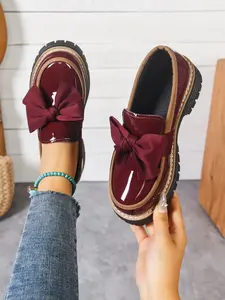 Women's Bow Loafers Flat, Spring Fall Casual PU Leather Shoes, Solid Color Pattern, Below Ankle Height, PVC Sole, Comfortable and Stylish