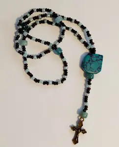 Catholic Rosary, Barbara, Handcrafted Rosary, Brown and Teal, Cross Necklace