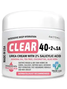CLEAR 40 Urea Cream 40 Percent + 2 Percent Salicylic Acid 4oz | Urea Foot Cream for Cracked Heels Dry Skin Hands & Elbows | 40% Urea Cream Foot Callus Corn Remover w/Tea Tree Coconut Oil Aloe Vera |USA