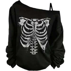 NewWomen's Plus Size Gothic Skull Graphic Tees Asymmetrical Neck Long Sleeve T Shirt Loose Y2K Tops Can be used with raincoat
