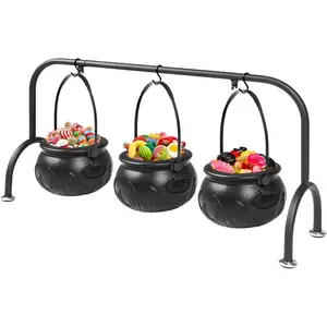Halloween Decorations Indoor,Set of 3 Witches Cauldron Candy Serving Bowls on Rack,Halloween Party Decorations,Black Plastic Candy Cauldron for Table Decor.