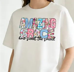 Christian Women'S T-Shirt Local 1 Piece Women'S Casual Amazing Grace Floral Patchwork Design Printed T-Shirt, 100% Cotton Short Sleeve Round Neck, Regular  Four Seasons T-Shirt, Knitted Fabric, 180G, Suitable As Thanksgiving And Christmas Gift