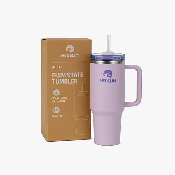 Medelim FlowCup Tumbler 40 Oz Insulated Stainless Steel Light Purple Travel Mug with Handle & Reusable Straw Leak-Proof Lid Car Cup Holder Compatible BPA-Free
