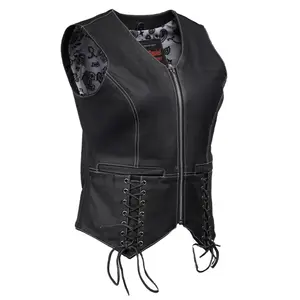 DANIEL SMART Night Edge™ Women's Leather Motorcycle Vest - Soft Premium Cowhide 0.9mm-1.0mm, White Stitching, Leather Laces, Concealed Carry Pockets, Black, XS-5XL
