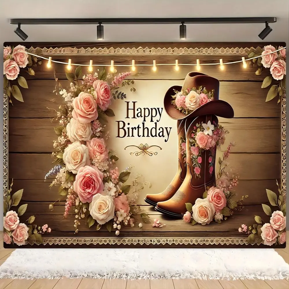 Cowboy Boots & Hat Pattern Polyester Birthday Party Banner - Lightweight Rectangular Multi-Size Backdrop, Indoor/Outdoor Festive Party Decoration Prop