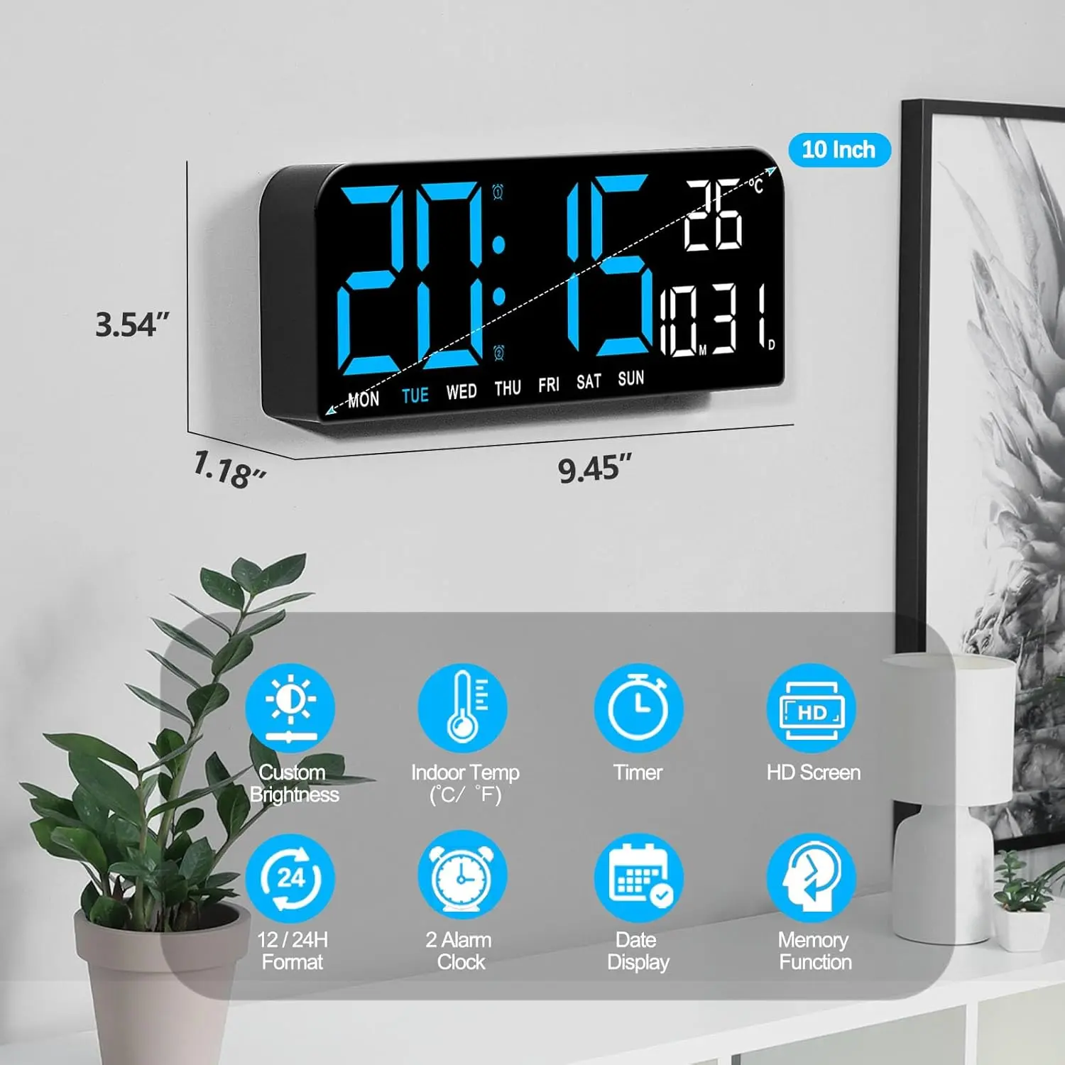 JoFomp LED Digital Wall Clock Decorative, 10" Digital Alarm Clocks for Bedrooms, Digital Clock Large Display with Temperature/Countdown/Auto Dimmer/Snooze - 12/24H, Modern Wall Clock Digital for Kids