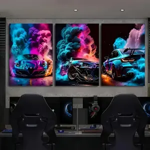 3 Cool and Colorful Car Canvas Posters with Optional Wooden Frame Canvas Hanging, Modern Supercar Aesthetic Wall Decoration, Cool Street Pop Art, Suitable for Living Room and Bedroom Murals