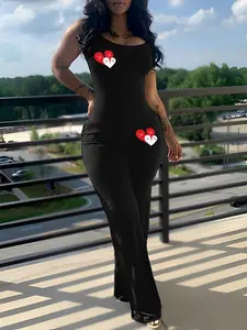 Women's Heart Print Pocket Overall Jumpsuit, Casual Sleeveless Jumpsuit for Daily Wear, Ladies Clothes for All Seasons