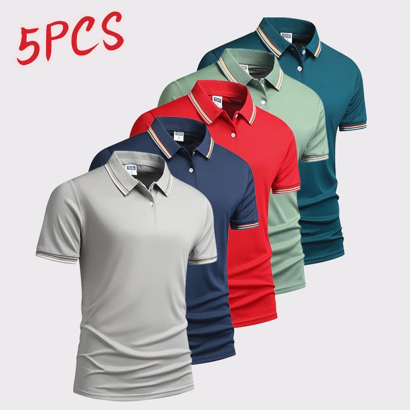 Pack of 5 - Men's Quick Dry Color Block Striped Polo Shirt, Classic Button-Down Collar Top, Trendy Casual Sports Short Sleeve Polo, Suitable for Everyday Activities, Playing Ball, Golf, Outdoor Sports