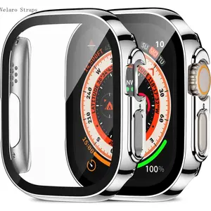 Electroplated Tempered Glass 2-in-1 Case for Apple Watch Series 2-11/SE/Ultra/Ultra 2, Full Coverage Hard Bumper with Screen Protector, Shockproof Protective Cover in Black/Silver/Gold, 38/40/41/42/44/45/46/49mm All Sizes