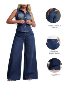 Women's High Waist Wide Leg Jeans with Fringe Hem, Double Button Design, Casual Fashion Pants for Daily Wear