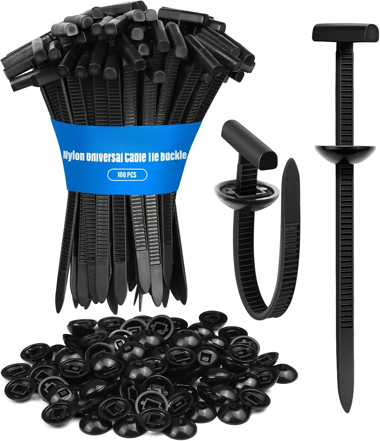 100-Count Synthetic Nylon Universal Tie Buckles, Upgrade Double-Sided Self-Locking Zip Tie Clips, Auto Repair Fasteners for Fenders, Hoods, Interiors, Wire Bundling
