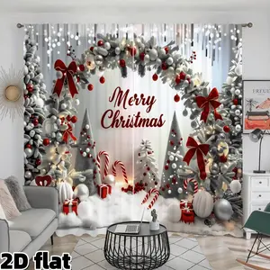 2D Flat 2Pcs Festive Christmas Wreath Curtains, Red White Holiday Theme, Candy Cane Gift Box Print, Semi Sheer Light Filtering Rod Pocket Design, Perfect for Living Room Bedroom Kitchen Party Decoration, Christmas Window Treatment , Premium Home