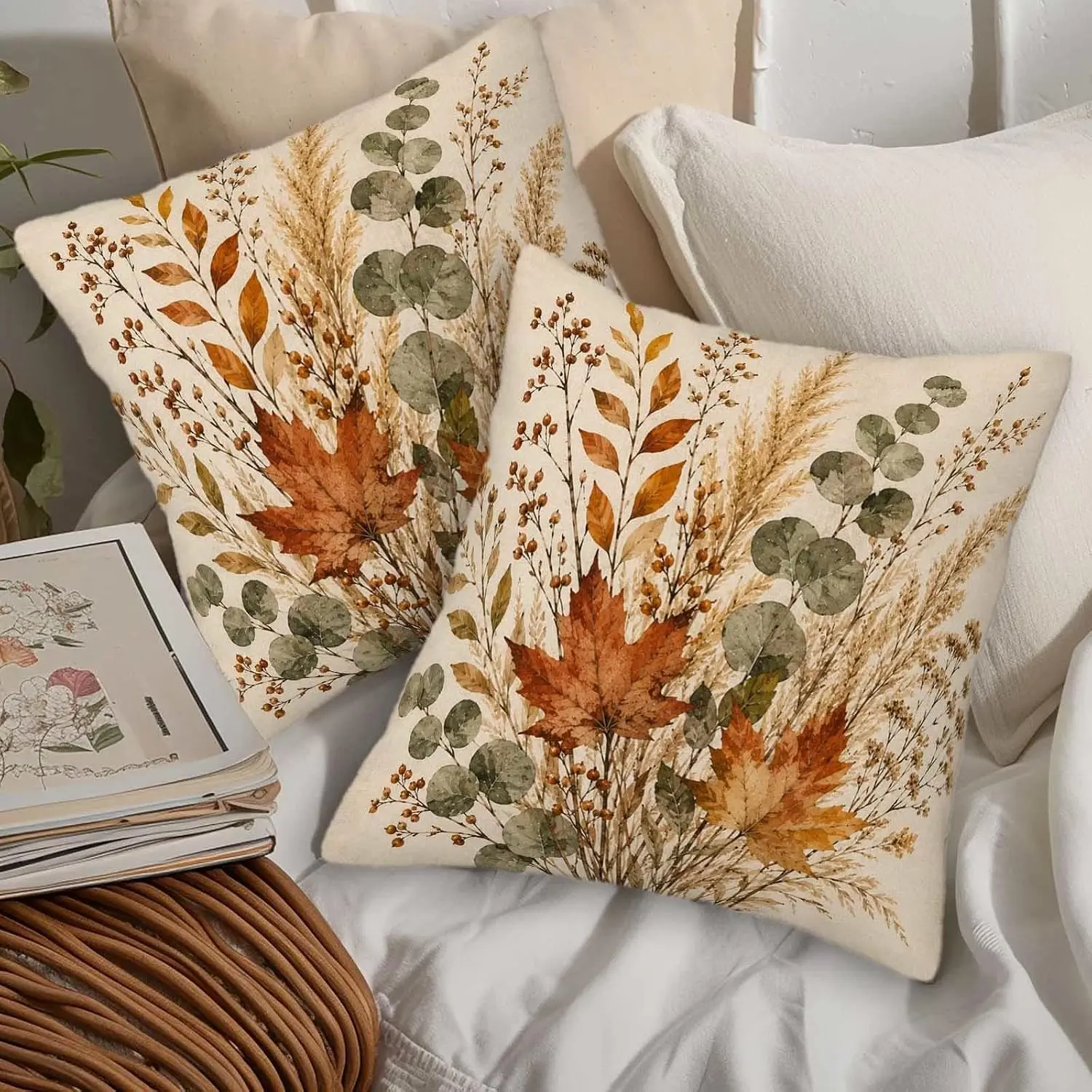 Fall Maple Eucalyptus Leaves Throw Pillow Covers 18x18 Inches Set of 2, Envelope Closure Cushion Covers No Zipper Autumn Farmhouse Decor
