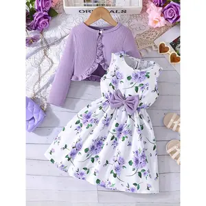 A Two-Piece Set Featuring an Elegant Floral Print Dress with a Bow Decoration And a Solid Color Ruffled Jacket, Perfect for Christmas And Valentine'S Day Gifts, Holiday Parties, And a Great Choice for Spring, Summer, And Autumn, for Outdoor