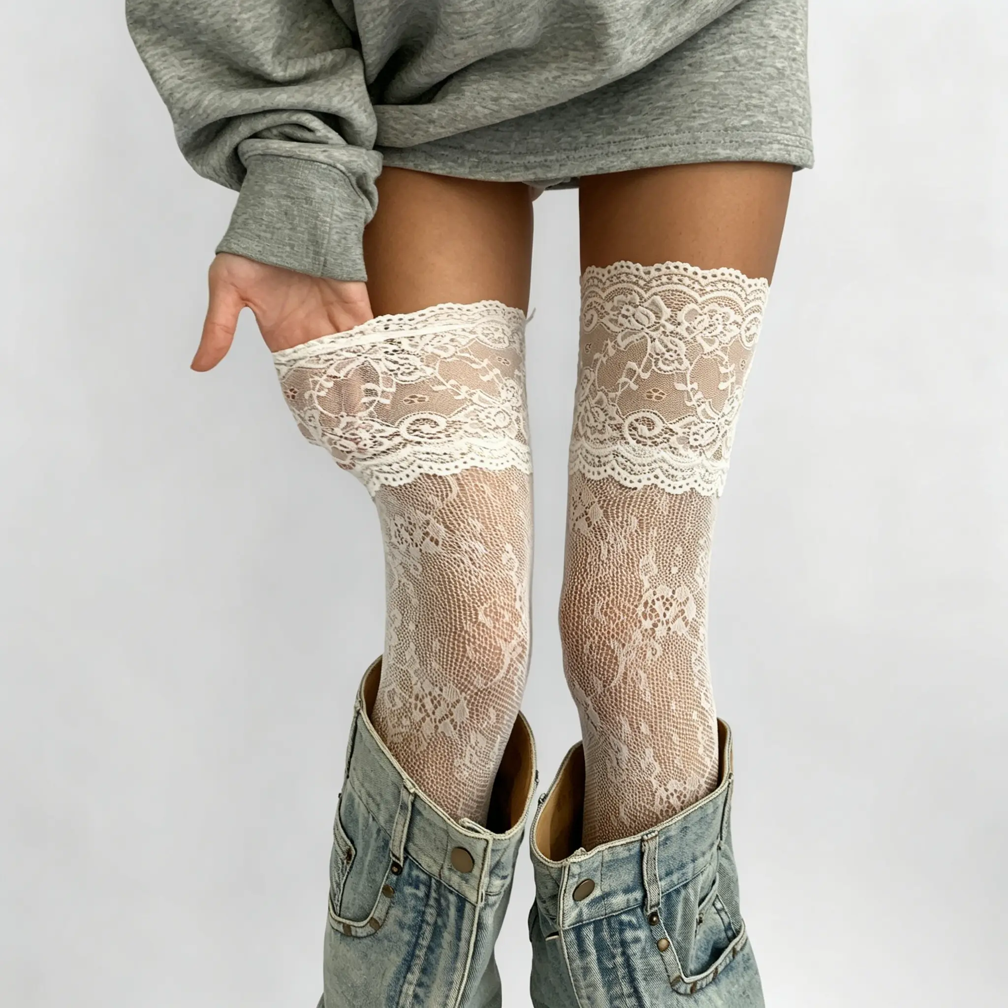 Women's Lacy Lace Trim Fishnet Stockings - Sheer Mesh Over-the-Knee Socks, White Hollow Pattern Thigh Highs, Cosplay Schoolgirl JK Uniform Accessories