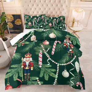 Christmas Theme Santa Claus & Nutcracker Bedding Set, Includes 1 Quilt and 1 or 2 Pillowcases Without Pillows, Soft and Comfortable