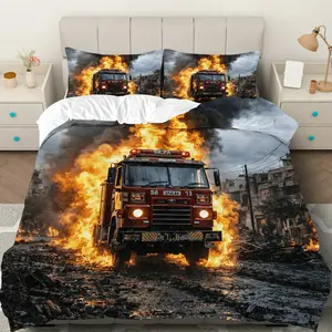 3PCS Duvet Cover Set, 1 Duvet+2 Pillowcases(Without filler), Fire Truck Flames Smoke City theme, Halloween bedding set, Firefighter Comforter Suitable for decoration bedroom, living room, guest room, studio.