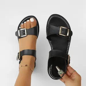 Wide Width Flat Sandals for Women Summer Casual Slip On Open Toe Sandals with Adjustable Ankle Strap Comfortable PU Leather Slides