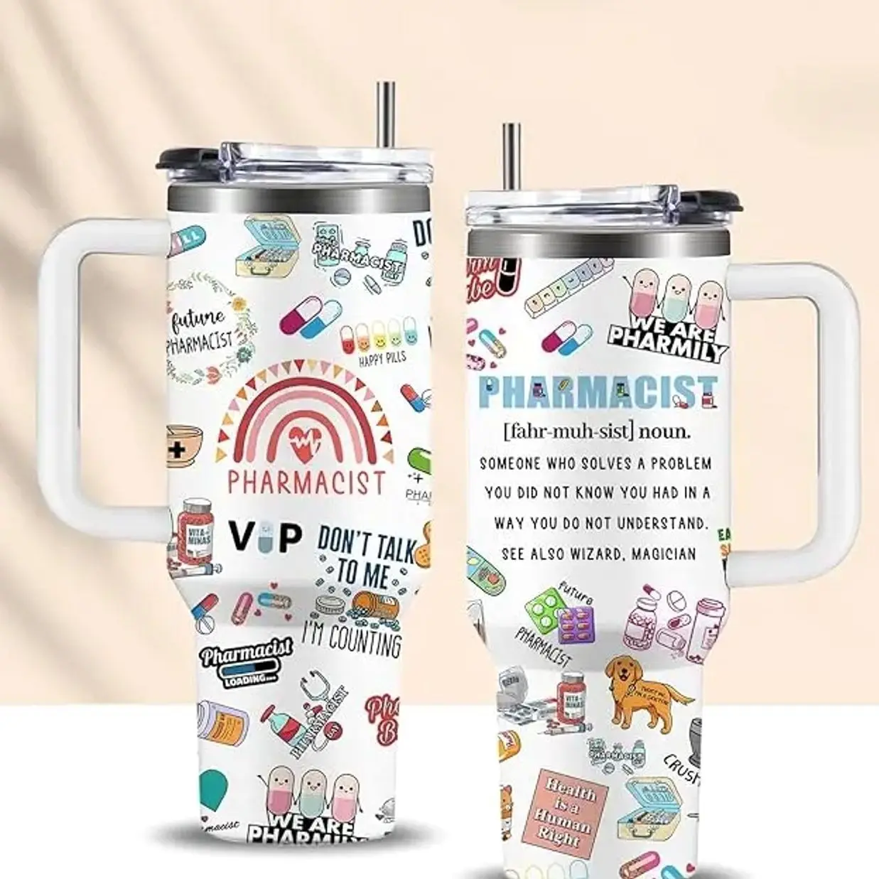 Pharmacist Gifts for Women Cup Tumbler 40Oz with Handle,  Pharmacy Appreciation Retirement Gift for Women Men Coffee Mugs