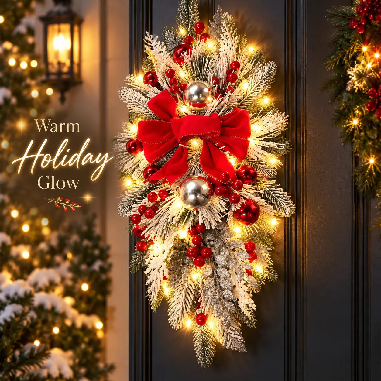 1PC Handmade Christmas Swag Wreath for Stair Railing, 22 Inch Frosted Pine Teardrop Holiday Hanging Decor with Red Bow, Berries and Ornaments, Reusable Christmas Door Wall Mantel Decoration for Indoor Covered Outdoor Home Entryway