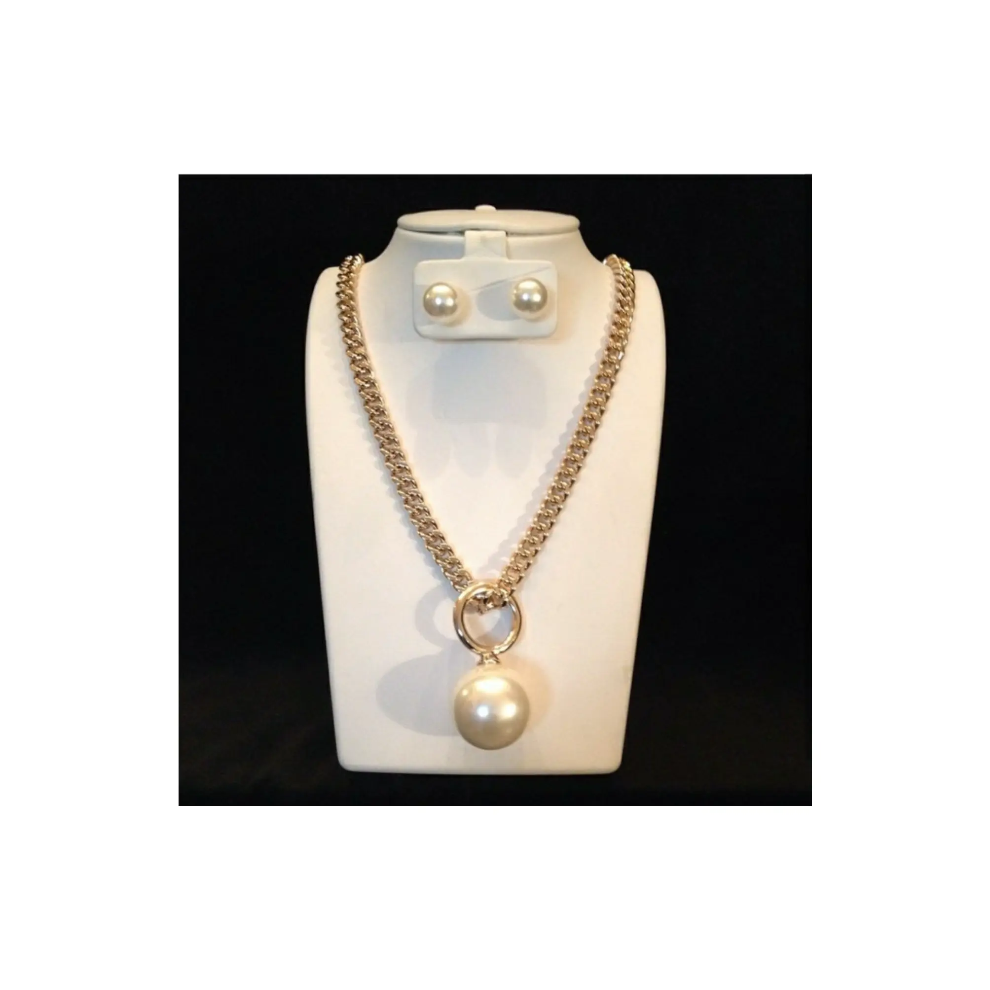 Gold Tone Pearl Jewelry Set for Women, Minimalist Link Chain Necklace with Sphere Charm and Matching Stud Earrings