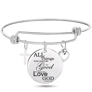 All Things Inspirational Bangle Bracelet with Cross & Heart Charms for Those Who Love God Romans 8:28