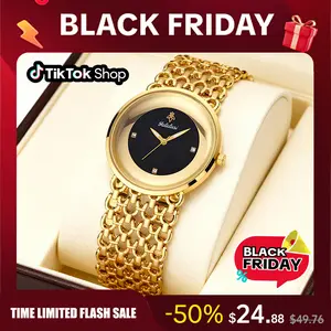 Luxury Round Bracelet Watch Fashionable Women's Wristwatch Gold Black Dual Color Options Waterproof Free Size Adjustment Suitable for Daily Wear