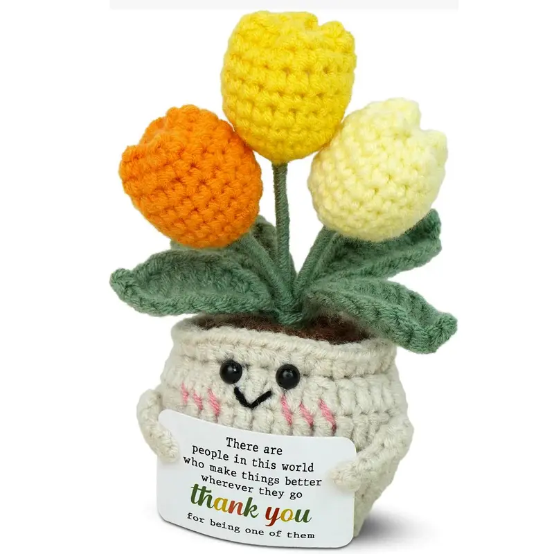 Tulip Knit Thank You Card, Mini Soft Positive Tulip Flower Emotional Support Crochet, Birthday, Thanksgiving, Christmas, Retirement Gifts for Women, Stocking Stuffers