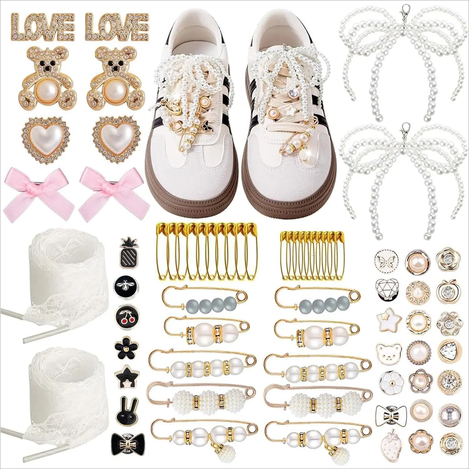 X-BY39 72 Pcs Sneaker Charms, Shoelace Charms For Sneakers, Pearl Rhinestone Brooches And Pins For Women, Shoe Jewelry Charms For Socks Laces Sneakers , Safety Pins Buttons For Sock Clothes Decor Accessories Footwear Bedroom