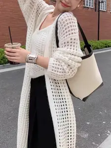 2026 Spring Summer New Hollow Out Long Knit Cardigan for Women, Elegant Loose-Fitting Viscose Apparel, Fashionable Cutout Design
