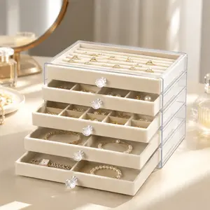 5-Layer Jewelry Box with Velvet Tray, Transparent Acrylic Jewelry Organizer, Elegant Display Box for Rings, Necklaces & Earrings, Multi-Compartment Jewelry Storage Case, Stylish Jewelry Organizer for Home & Gift Drawer Room
