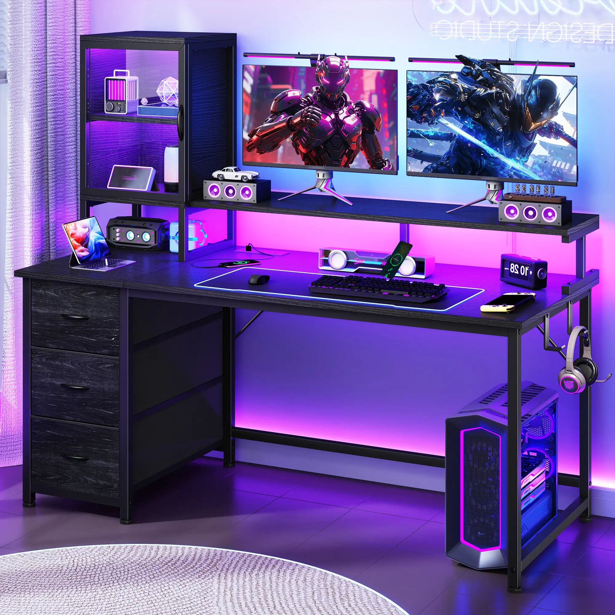 Raybee 55''W × 19.6’‘D × 52.6’‘H Sturdy Gaming Desk with LED Light Strips, 3 Drawers, Dual Monitor Stand, Bonus Gift - Home Office Workstation, Black Office Furniture, Desks for Gaming