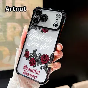 Four Corners Air Cushion Phone Case for iPhone 17 16 Pro Max 15 Plus 14 13 12 11 E Air Rose - Elegant Ornament Pattern Anti-drop Cell Electroplated Transparent Silicone Cover