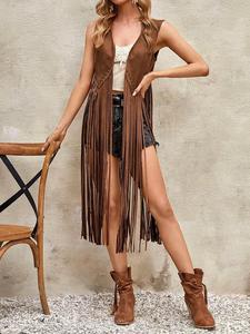 women's solid fringe trim open front vest, casual fashion long sleeveless outerwear for daily wear, ladies clothes for all seasons, vintage 90s tops, womenswear