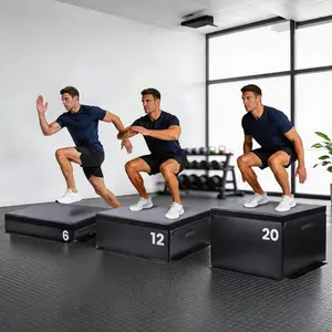 Stackable Soft Plyometric Jump Box for Strength Training – Adjustable Foam Box for HIIT, Step Ups, Flexibility – Durable Home Gym Fitness Equipment – Black, 4 Inch, 6/12/20 Inch