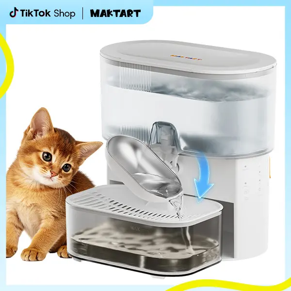 MAKTART Wireless No-Filter Pet Water Fountain - 3.5L Animal Water Bowl, Waste Sep., Stainless Steel Bowl, 3000mAh, Wastewater Separation, Indoor Cats & Dogs Dispenser, White