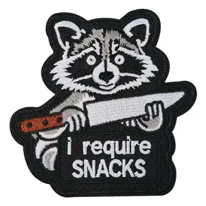 I Require Snacks Raccoon Embroidery Patch, Back Adhesive Iron-On Applique, Hand Embroidered, Perfect for Clothes Jackets Hats Accessories, Decoration, Sewing Accessory Type, Stylish Embroidery