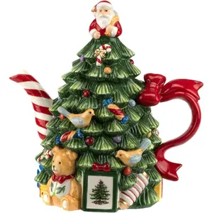 Christmas Tree Figural Teapot - Festive 27 oz Christmas Teapot with Mistletoe Accents, Peppermint Stripe Spout, and Ribbon Handle - Decorative Dolomite Tea Pot for Holiday Tea Parties