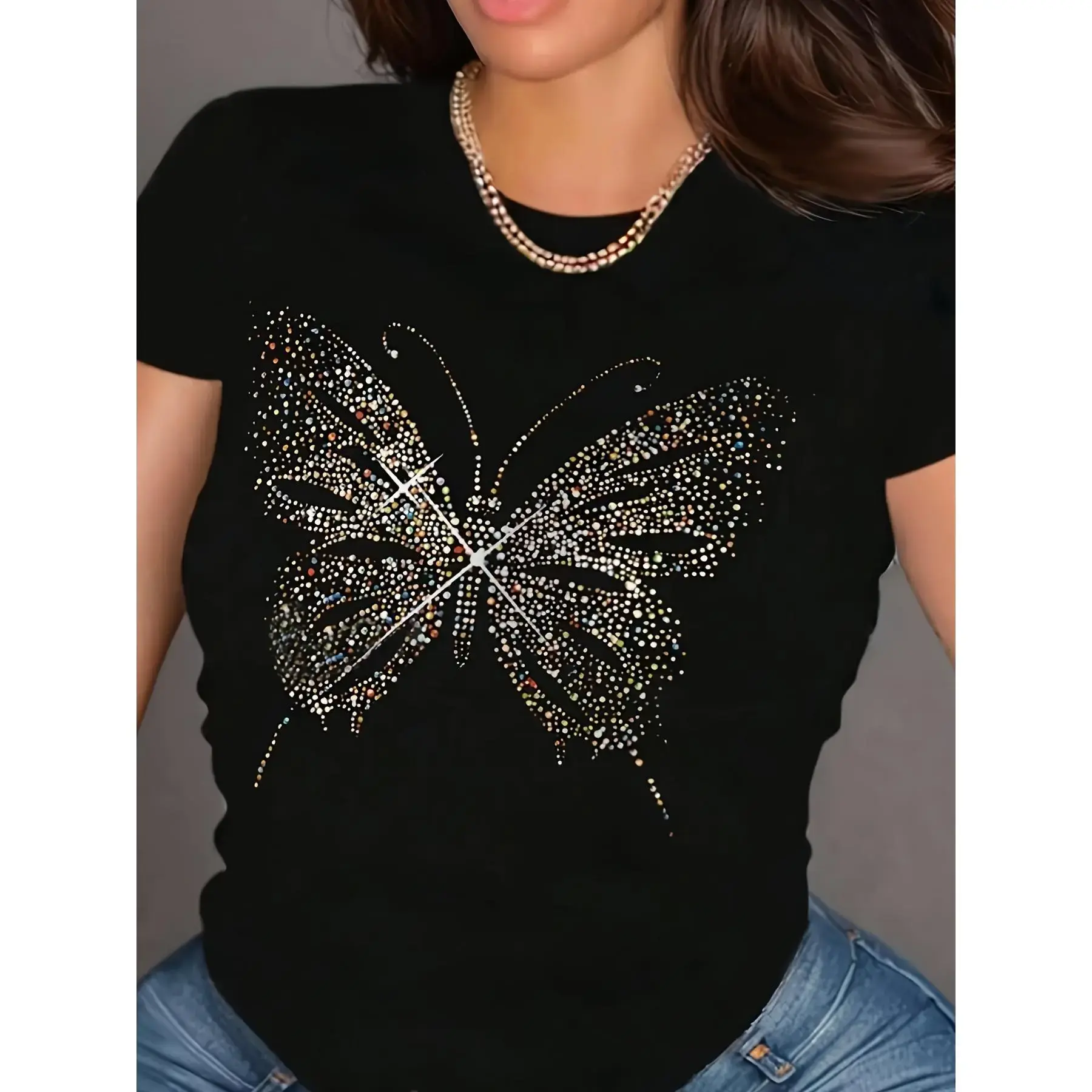 Butterfly Print Crew Neck T-shirt, Short Sleeve Casual Top For Spring & Summer, Women's Clothing