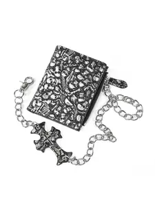 Gothic Punk Biker Wallet with Full Skull Embossed Pattern, PU Leather, Zipper Pocket, Cross Pendant Anti-Theft Chain, Detachable Metal Chain, Multi-Card Slots, for Motorcycle Riders, Streetwear Style