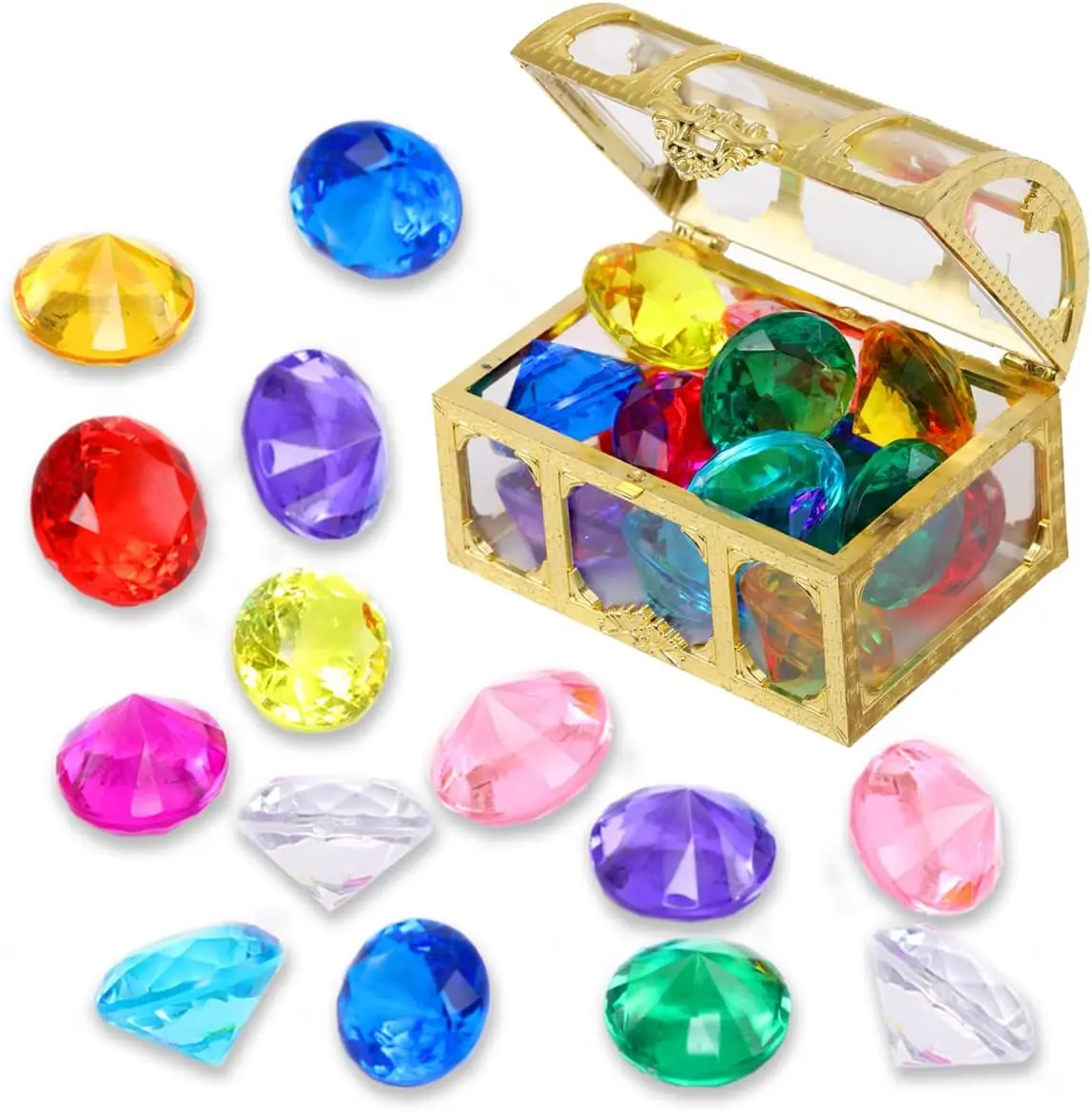 High-Quality Acrylic Gem Pirate Treasure Chest Toy Set - Gem Shapes Diving Treasure Hunt, 14-Color Sinking Pool Item, 3.7x2.6x2.5in Box, Girl’s Summer Gift for Beach Parties & School Activities, Pool Toys